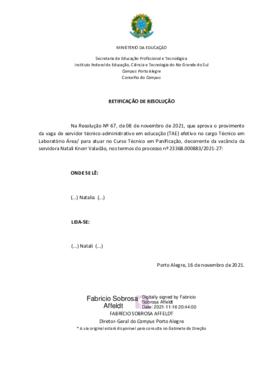 Retificação da Resolução 067/2021