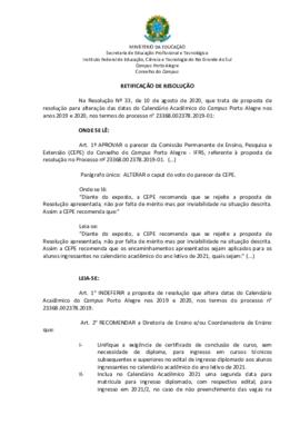 Retificação da Resolução 33/2020