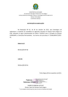 Retificação da Resolução 061/2021