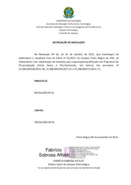 Retificação da Resolução 062/2021