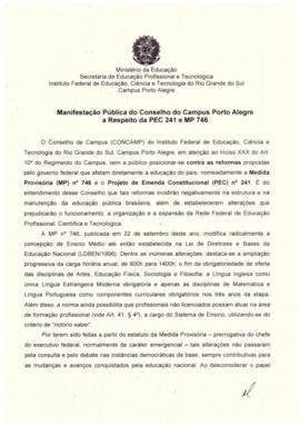 Manifestação Pública do Conselho do Campus Porto Alegre a respeito da PEC 241 e MP 746