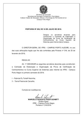 Portaria 309/ 2016